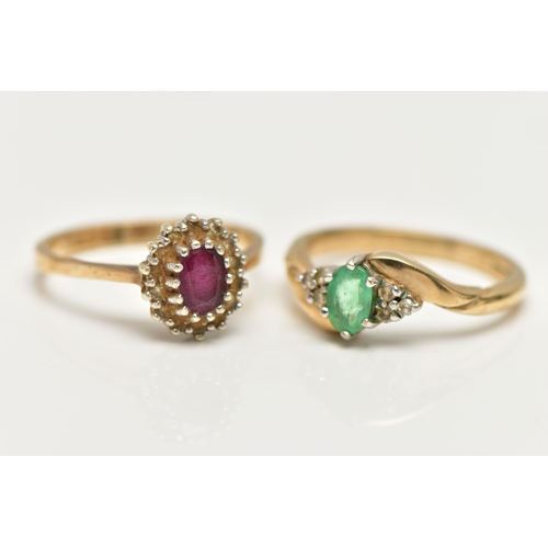 45 - TWO 9CT GOLD GEM SET RINGS, the first an oval cut emerald prong set with six round brilliant cut acc... 