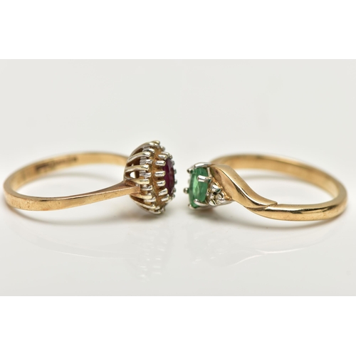 45 - TWO 9CT GOLD GEM SET RINGS, the first an oval cut emerald prong set with six round brilliant cut acc... 