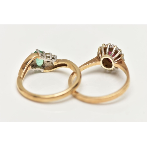 45 - TWO 9CT GOLD GEM SET RINGS, the first an oval cut emerald prong set with six round brilliant cut acc... 