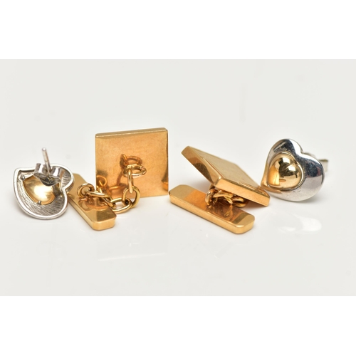 46 - A PAIR OF YELLOW METAL CUFFLINKS AND A PAIR OF EARRINGS, hollow square cufflinks, chain linked to th... 