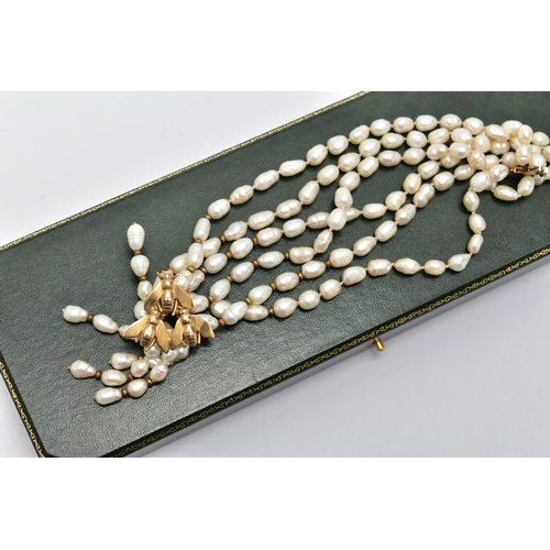 50 - A MODERN FRESHWATER CULTURED PEARL CHOKER WITH 9CT GOLD CLASP, designed as a three rows of baroque f... 