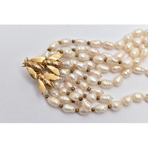 50 - A MODERN FRESHWATER CULTURED PEARL CHOKER WITH 9CT GOLD CLASP, designed as a three rows of baroque f... 