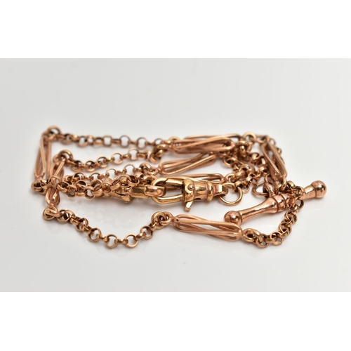 52 - A MODERN 9CT GOLD ALBERT CHAIN, designed as a belcher link chain, with trombone link spacers, to the... 