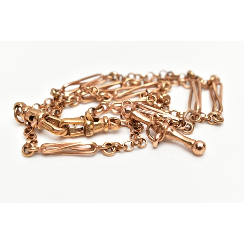 52 - A MODERN 9CT GOLD ALBERT CHAIN, designed as a belcher link chain, with trombone link spacers, to the... 