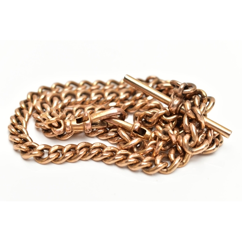 54 - A MODERN 9CT GOLD ALBERT CHAIN, the solid flat curb link chain, with T-bar and two lobster claw clas... 