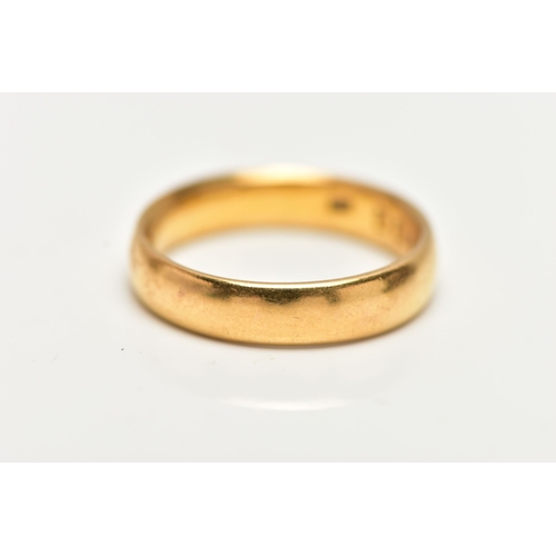 57 - A 22CT YELLOW GOLD WEDDING BAND, designed as a plain polished band, approximate width of band 4.4mm,... 