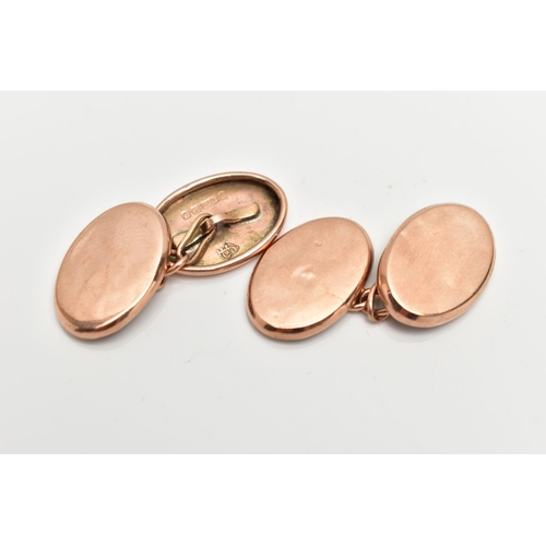 6 - A PAIR OF 9CT ROSE GOLD CUFFLINKS, chain link with oval polished disks, each hallmarked 9ct Birmingh... 