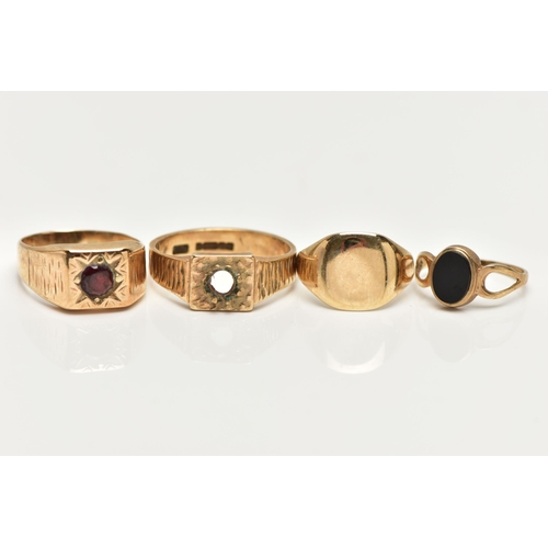 61 - A SELECTION OF FOUR 9CT YELLOW GOLD RINGS, to include a plain signet ring, a signet ring set with on... 