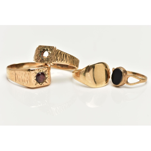 61 - A SELECTION OF FOUR 9CT YELLOW GOLD RINGS, to include a plain signet ring, a signet ring set with on... 