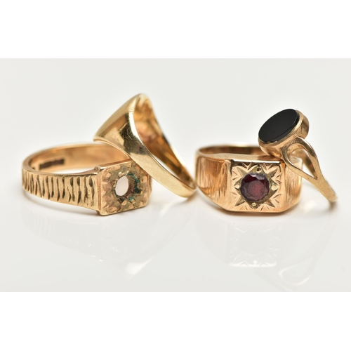 61 - A SELECTION OF FOUR 9CT YELLOW GOLD RINGS, to include a plain signet ring, a signet ring set with on... 