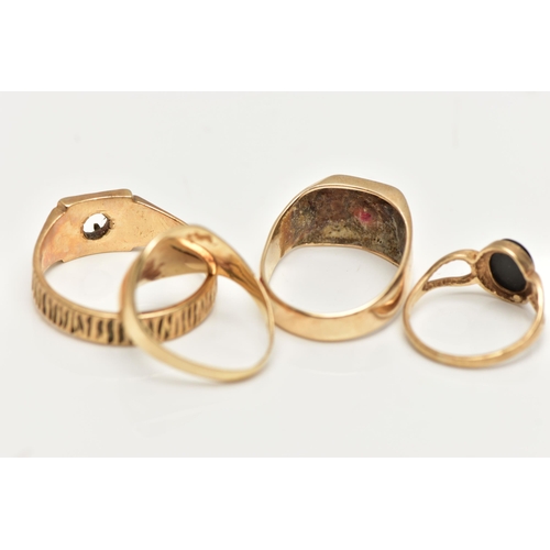 61 - A SELECTION OF FOUR 9CT YELLOW GOLD RINGS, to include a plain signet ring, a signet ring set with on... 