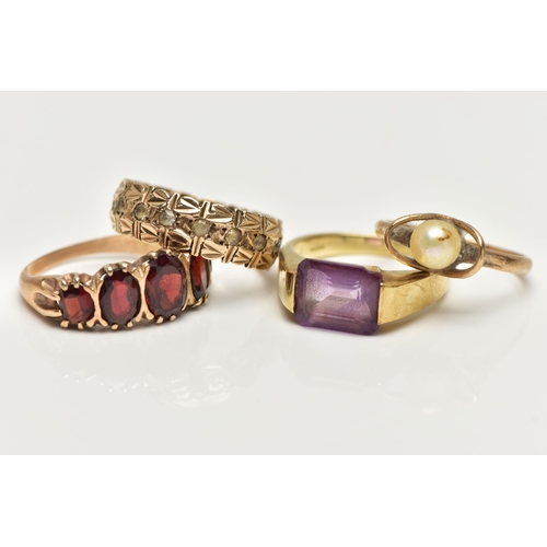 62 - A SELECTION OF FOUR 9CT YELLOW GOLD RINGS, to include a cultured pearl ring, an amethyst ring, a gar... 