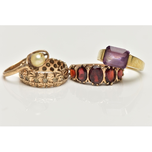 62 - A SELECTION OF FOUR 9CT YELLOW GOLD RINGS, to include a cultured pearl ring, an amethyst ring, a gar... 