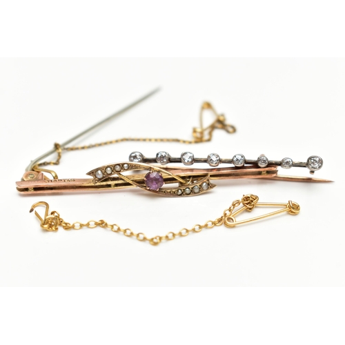 65 - TWO EARLY 20TH CENTURY BROOCHES, to include a diamond set bar brooch, set with eight old cut diamond... 