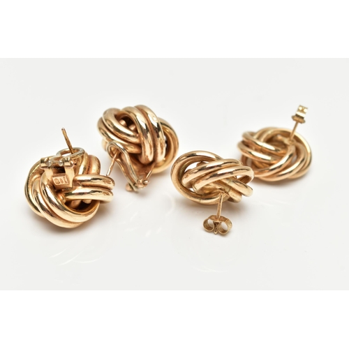 69 - TWO PAIRS OF 9CT GOLD EARRINGS, each designed as a stylised knot, earrings for pierced ears, both pa... 