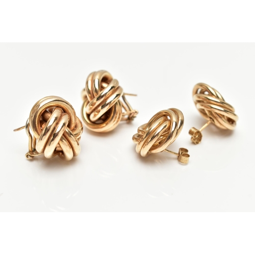 69 - TWO PAIRS OF 9CT GOLD EARRINGS, each designed as a stylised knot, earrings for pierced ears, both pa... 