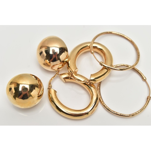 70 - THREE PAIRS OF YELLOW METAL EARRINGS, to include a pair of hollow 9ct yellow gold domed ear studs, a... 