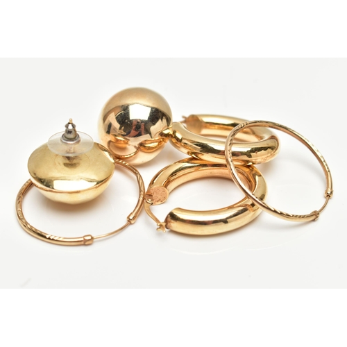 70 - THREE PAIRS OF YELLOW METAL EARRINGS, to include a pair of hollow 9ct yellow gold domed ear studs, a... 