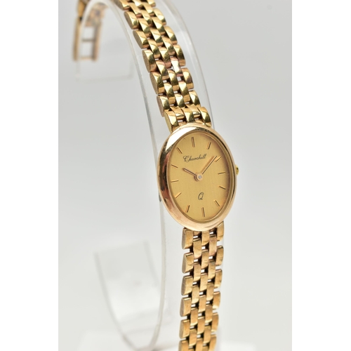 72 - A CHURCHILL QUARTZ 9CT YELLOW GOLD WRISTWATCH, the champagne dial with black gilt hourly applied mar... 