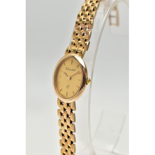 72 - A CHURCHILL QUARTZ 9CT YELLOW GOLD WRISTWATCH, the champagne dial with black gilt hourly applied mar... 