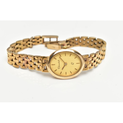 72 - A CHURCHILL QUARTZ 9CT YELLOW GOLD WRISTWATCH, the champagne dial with black gilt hourly applied mar... 