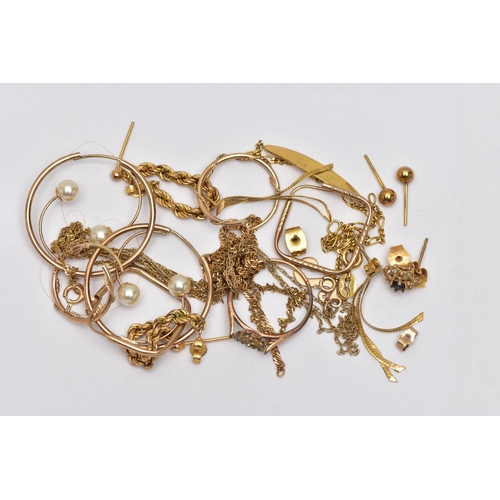 83 - A BAG OF ASSORTED YELLOW METAL JEWELLERY, to include a 9ct gold identification bracelet, polished ov... 