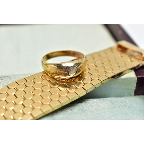 84 - A YELLOW METAL DIAMOND SIGNET RING AND A GOLD PLATED BRACELET, the ring set with a rose cut diamond ... 