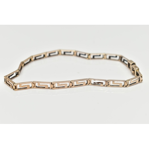 86 - A 9CT GREEK KEY PATTERN BRACELET, articulated line bracelet fitted with a folding clasp, hallmarked ... 