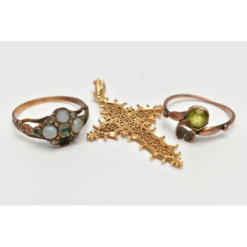 88 - TWO RINGS AND A PENDANT,  the first a/f yellow metal ring, set with emeralds and worn opal cabochons... 