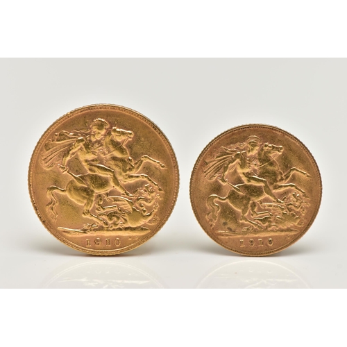 92 - A FULL AND HALF GOLD SOVEREIGN PAIR EDWARD VII  1910, full sovereign 7.98 gram, 91.67 fine, 22.05mm ... 