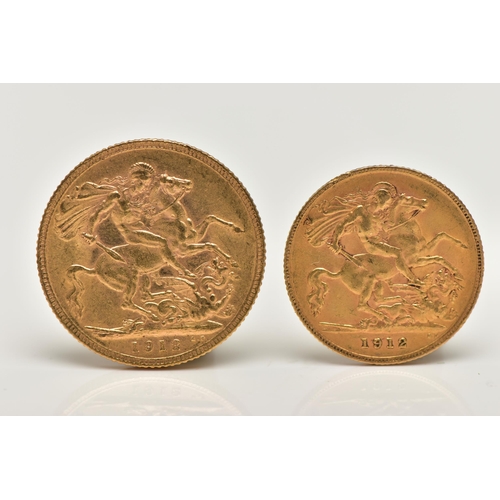 93 - A FULL AND HALF GOLD SOVEREIGN PAIR GEORGE V 1912, full 7.98 gram, 91.67 fine, 22.05mm diameter, hal... 