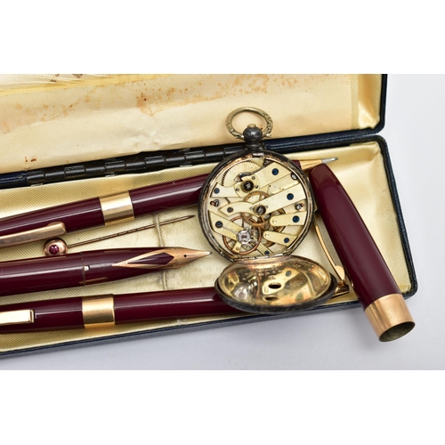 94 - AN EARLY 20TH CENTURY STICK PIN, A 'SHEAFFER' SET AND A POCKET WATCH, a rose yellow metal small stic... 