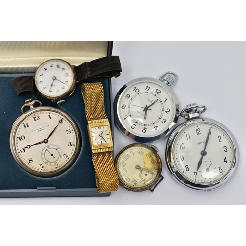 95 - AN ASSORTMENT OF WATCHES, the first a 'Smiths' pocket watch, a white metal pocket watch, signed 'Uni... 