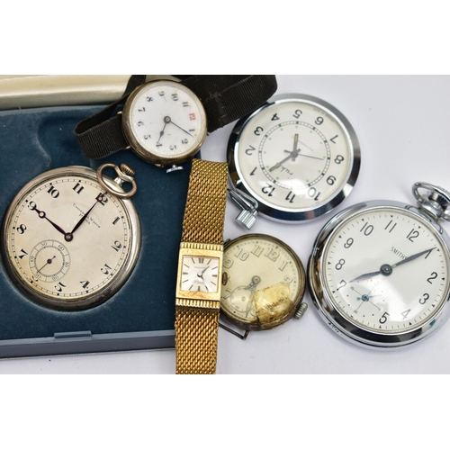 95 - AN ASSORTMENT OF WATCHES, the first a 'Smiths' pocket watch, a white metal pocket watch, signed 'Uni... 