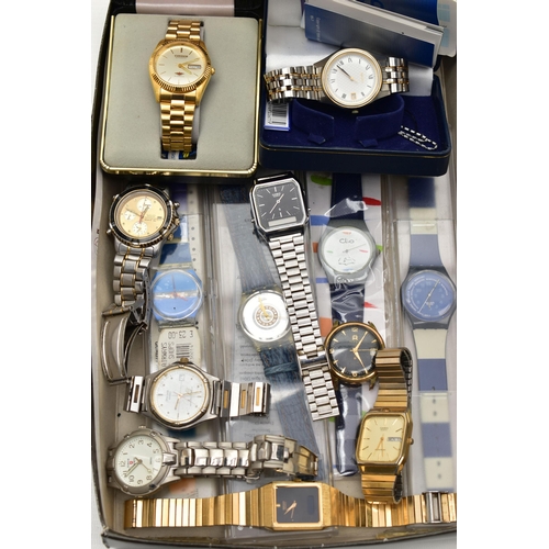 96 - A BOX OF ASSORTED WRISTWATCHES, to include a gents, boxed Citizen Automatic, '50201623, 4-R02092 RW'... 