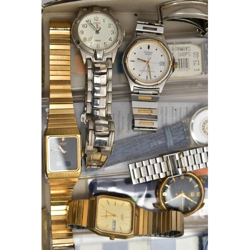 96 - A BOX OF ASSORTED WRISTWATCHES, to include a gents, boxed Citizen Automatic, '50201623, 4-R02092 RW'... 