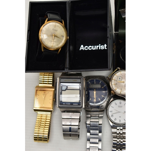 97 - A BOX OF ASSORTED WRISTWATCHES, to include a gents boxed 'Rotary 21 jewels Automatic', a boxed 'Accu... 