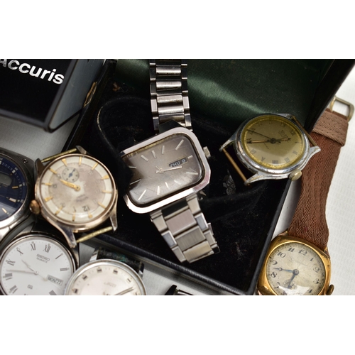 97 - A BOX OF ASSORTED WRISTWATCHES, to include a gents boxed 'Rotary 21 jewels Automatic', a boxed 'Accu... 