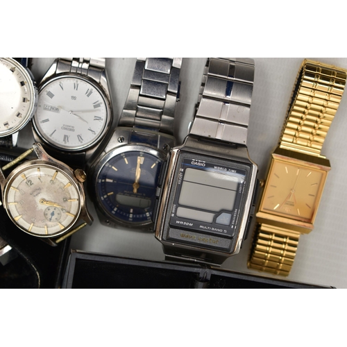 97 - A BOX OF ASSORTED WRISTWATCHES, to include a gents boxed 'Rotary 21 jewels Automatic', a boxed 'Accu... 