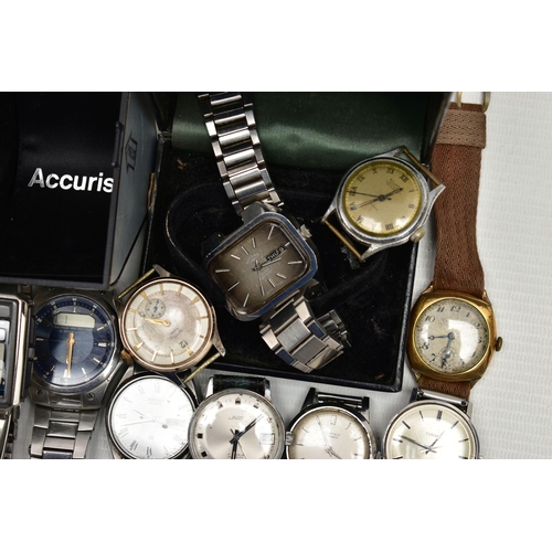 97 - A BOX OF ASSORTED WRISTWATCHES, to include a gents boxed 'Rotary 21 jewels Automatic', a boxed 'Accu... 