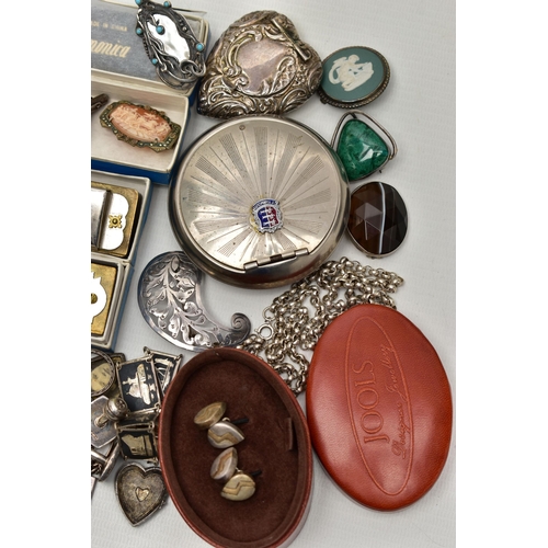 98 - A BOX OF ASSORTED ITMES, to include assorted silver and white metal jewellery, silver ingot pendant ... 