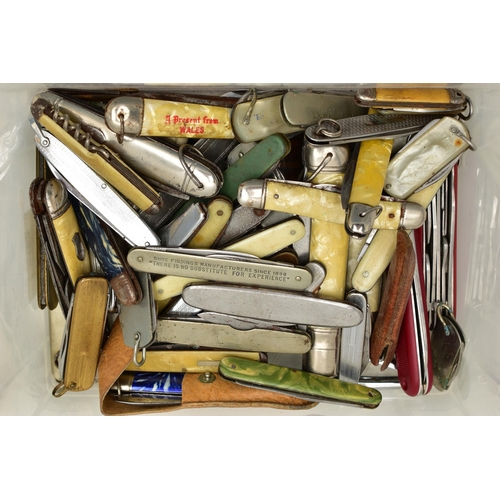 99 - A PLASTIC BOX OF ASSORTED FRUIT AND POCKET KNIVES, used conditions, stainless steel, some with plast... 