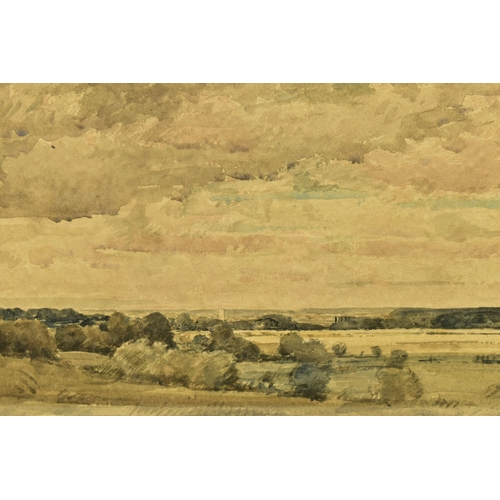 302 - DAVID THOMSON MUIRHEAD (1867-1930) 'DISTANT VIEW OF DEDHAM, ESSEX', a landscape view across open cou... 