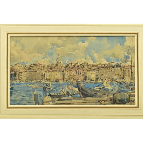 311 - ROBERT PURVES FLINT (1883-1947) 'MARSEILLE' a view of the French city from the harbour, signed botto... 