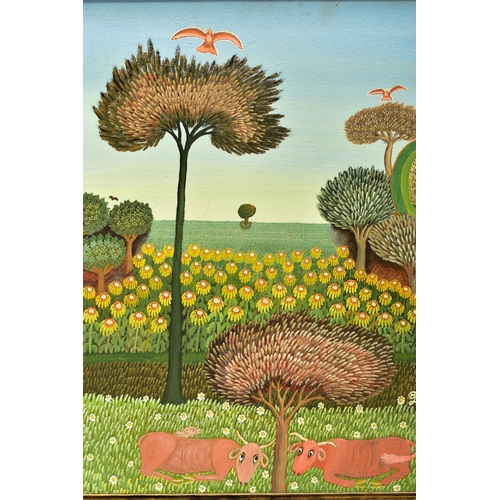 322 - DOBROSAV MILOJEVIC (SERBIA 1948) NAIVE LANDSCAPE WITH CATTLE AND BIRDS, two cattle rest beneath a tr... 