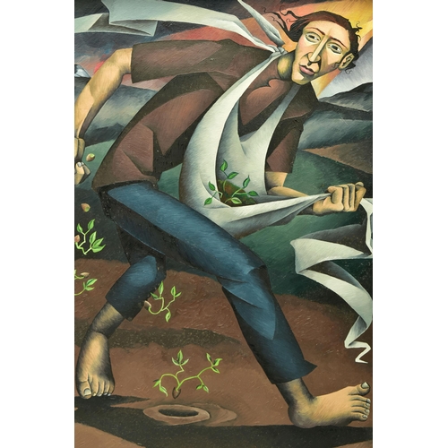 325 - DAVID BROOKE (BRITISH CONTEMPORARY) 'SEED SOWER' A STYLISED DEPICTION OF A FIGURE SEWING SEEDS, sign... 