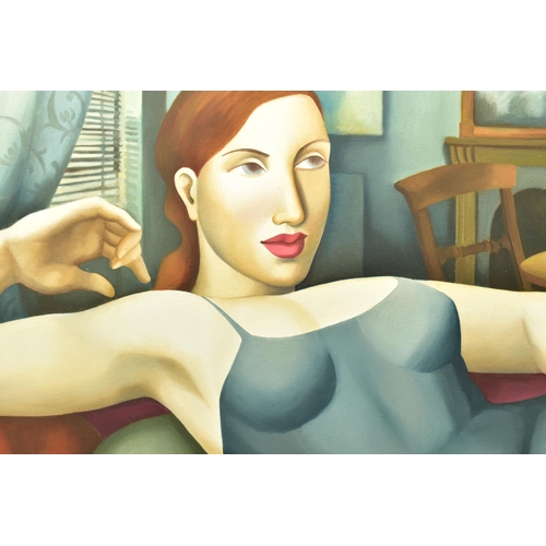 328 - RACHEL DEACON (BRITISH 1969)  'WOMAN IN BLUE RECLINING', a half-length portrait of a female figure r... 