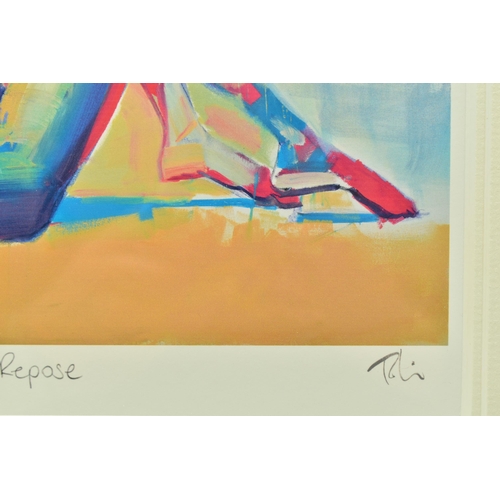 329 - TOBY MULLIGAN (BRITISH 1969) 'IN REPOSE', a signed limited edition print depicting a colourful nude ... 