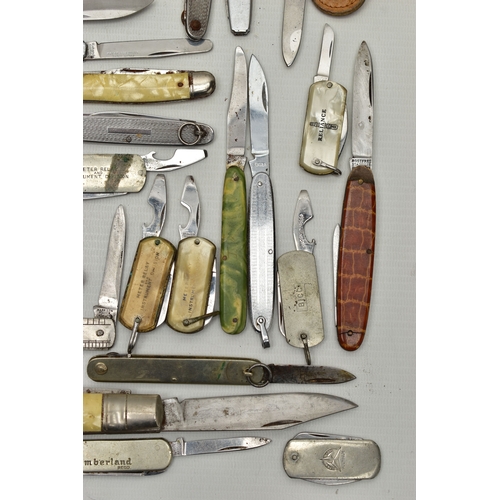 99 - A PLASTIC BOX OF ASSORTED FRUIT AND POCKET KNIVES, used conditions, stainless steel, some with plast... 