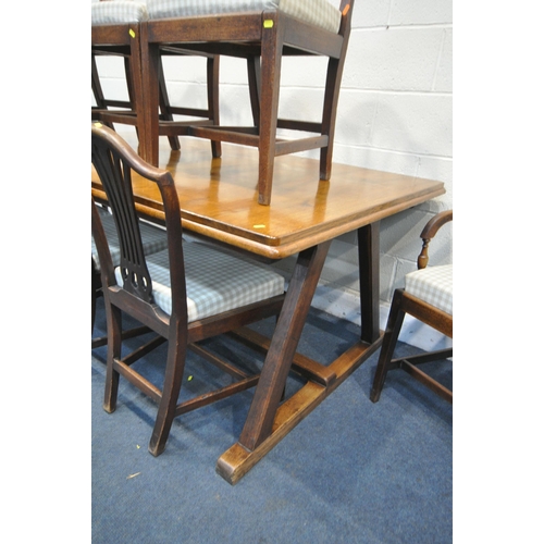 1324 - AN OAK 'A' TRESTLE FRAME DINING TABLE, length 199cm x depth 109cm x height 76cm, and six Georgian ma... 